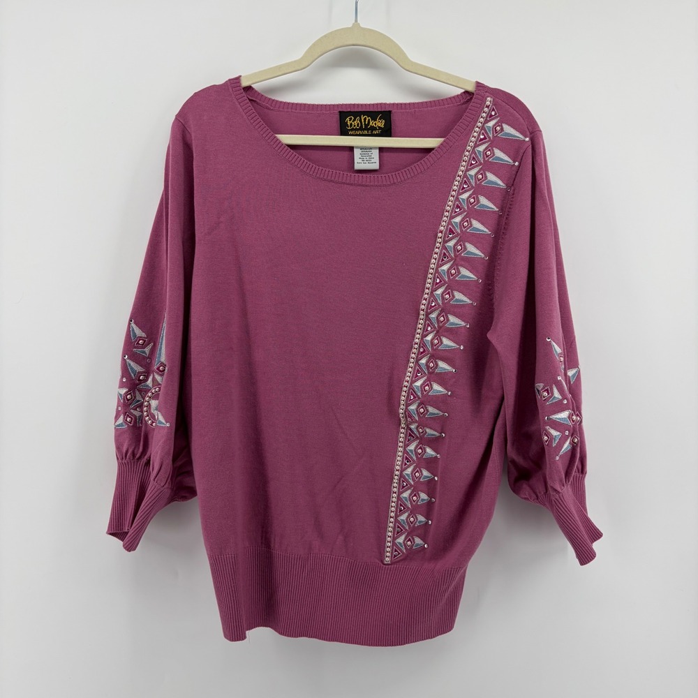 Bob Mackie‎ Womens M Pink Sweater Wearable Art Beaded Embroidered 3/4 Sleeve